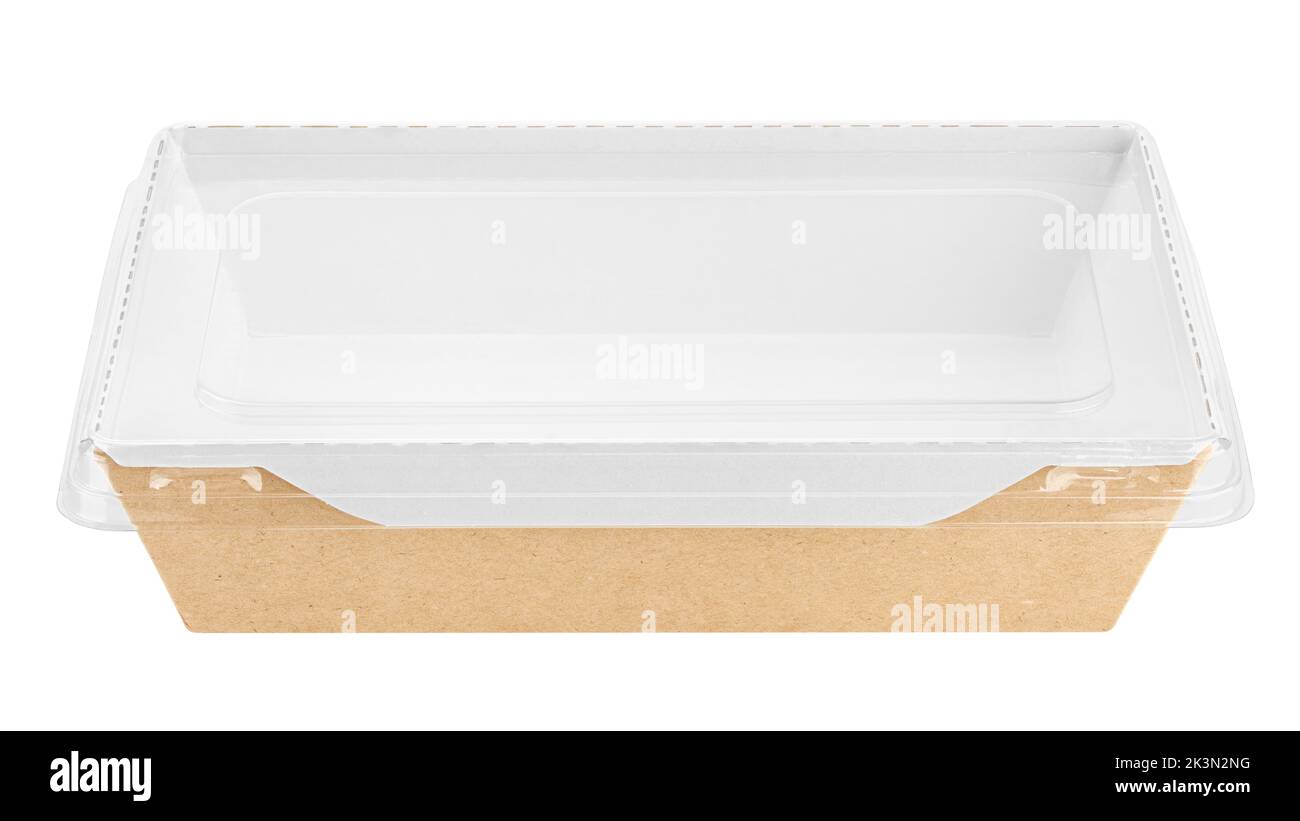 Vasellame di carta ecologica, contenitore per alimenti, isolato su sfondo bianco, percorso di ritaglio, profondità di campo completa Foto Stock