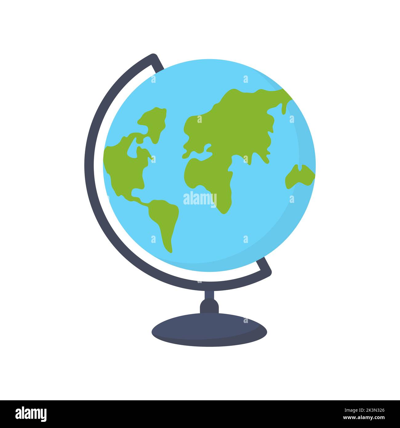 Mondo globo con stand. Mappa della Terra della Scuola. Continenti e sfera modello oceanico. Elemento educativo e di viaggio. Vettore isolato su bianco. Illustrazione Vettoriale