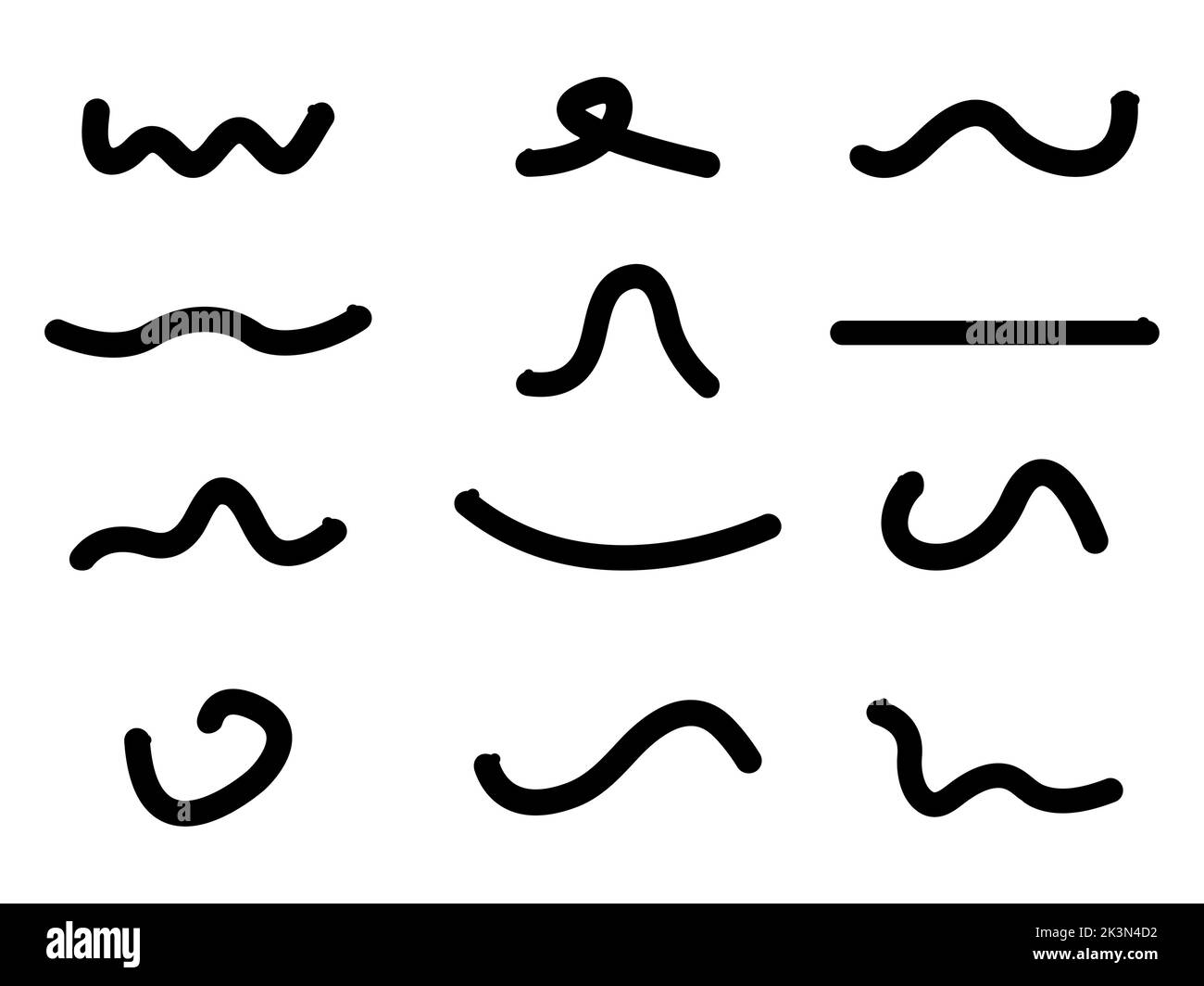Set di silhouette Worms. Gruppo di simboli serpenti. Collezione di lombrichi. Vettore isolato su bianco. Illustrazione Vettoriale