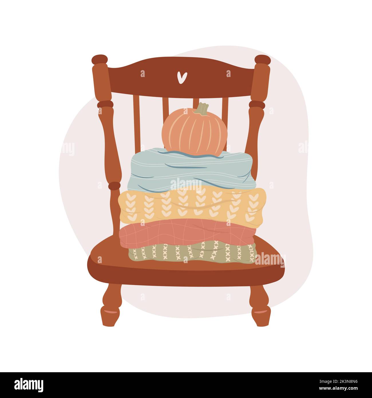 Ciao autunno. Concetto di tempo maglione. Maglioni e zucca sulla sedia. Illustrazione Vettoriale