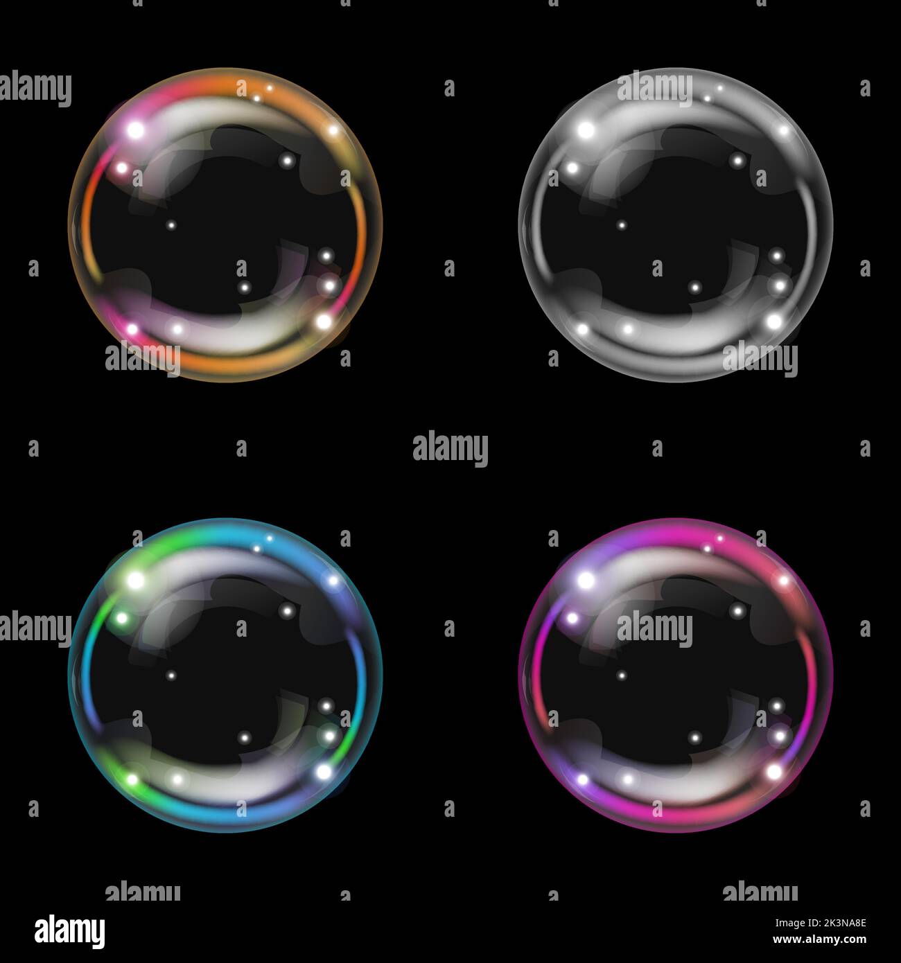 Bolle di sapone colorate realistiche su sfondo scuro. Illustrazione vettoriale. Illustrazione Vettoriale