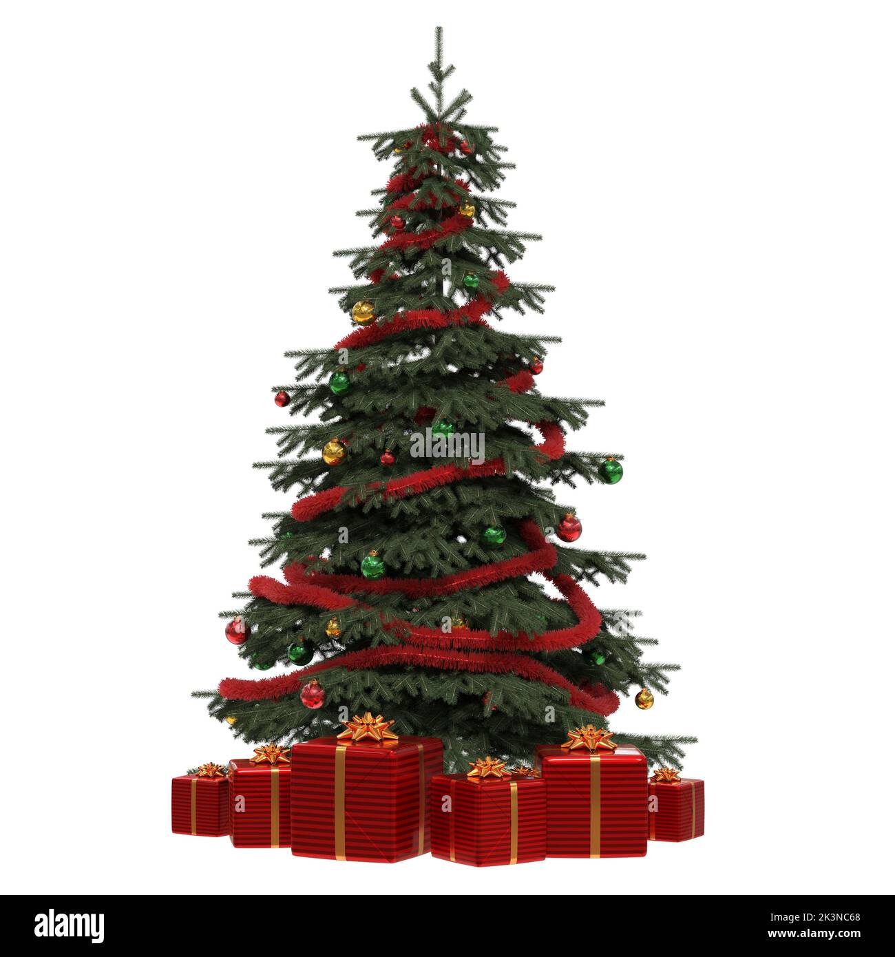 Albero di Natale con regali su sfondo bianco - rendering 3D Foto Stock