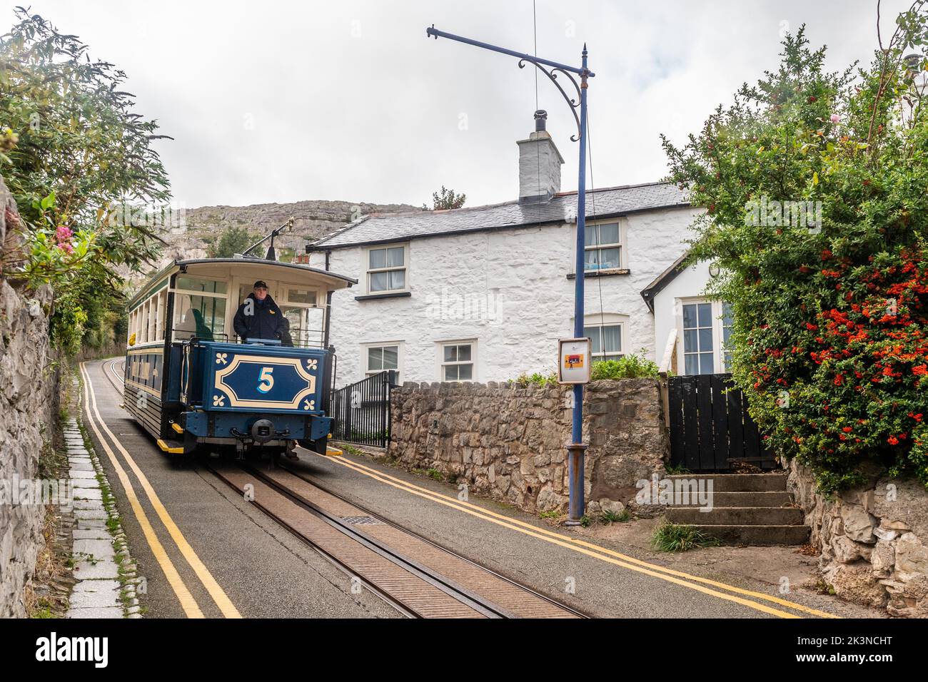 Tram che si avvicina alla stazione di Llandudno sulla Great Orme Tramway, Llandudno, Galles del Nord, Regno Unito. Foto Stock