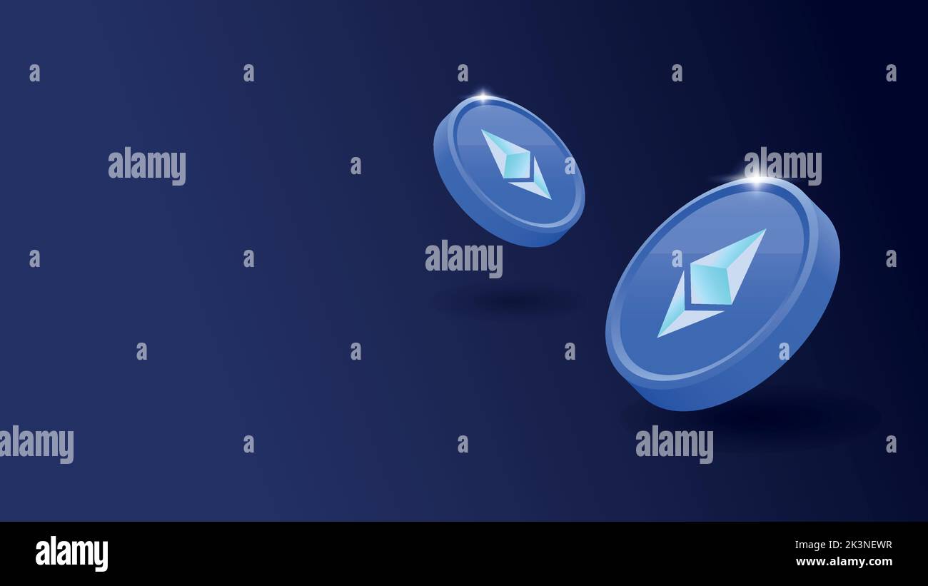 Monete di Ethereum lucide e galleggianti. Monete ETH su sfondo blu scuro. Illustrazione Vettoriale