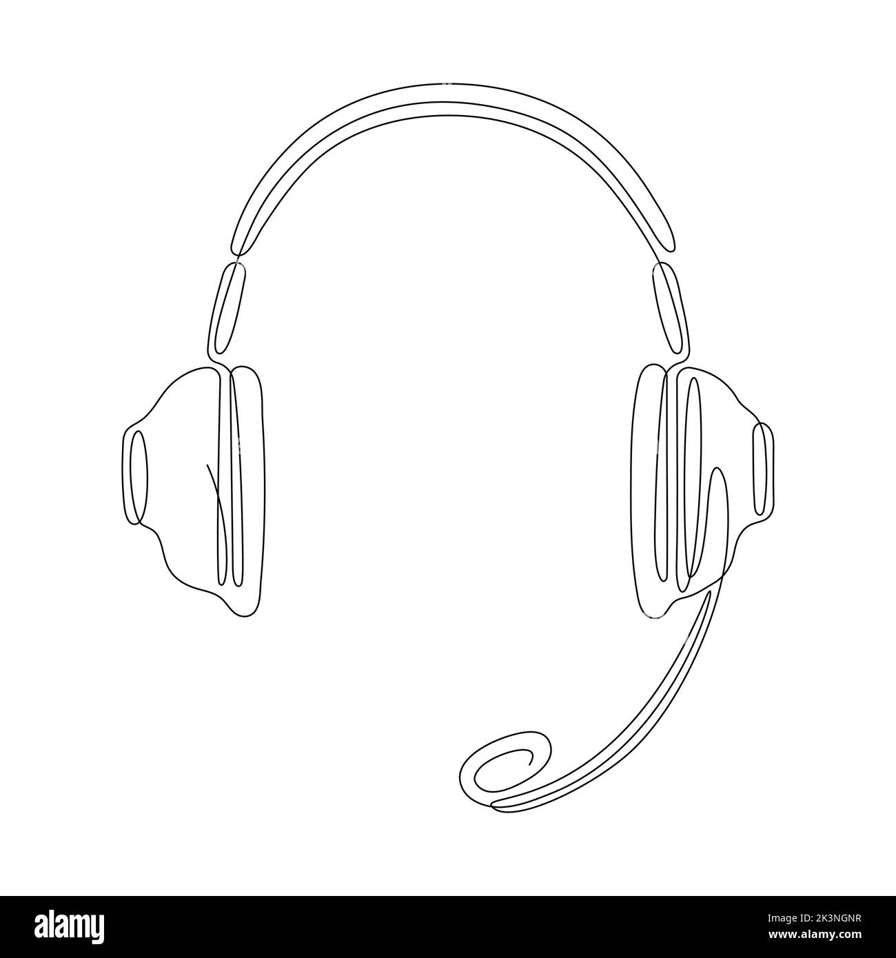 Cuffie linea continua arte disegno a mano simbolo gadget musica. Vettore isolato su bianco. Illustrazione Vettoriale