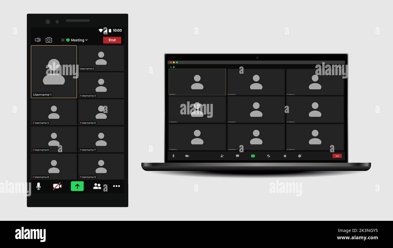 Interfaccia utente per videoconferenze. Applicazione per le chiamate. Modello schermata chiamata. Interfaccia utente da webinar video. Interfaccia del kit mockup. Illustrazione Vettoriale