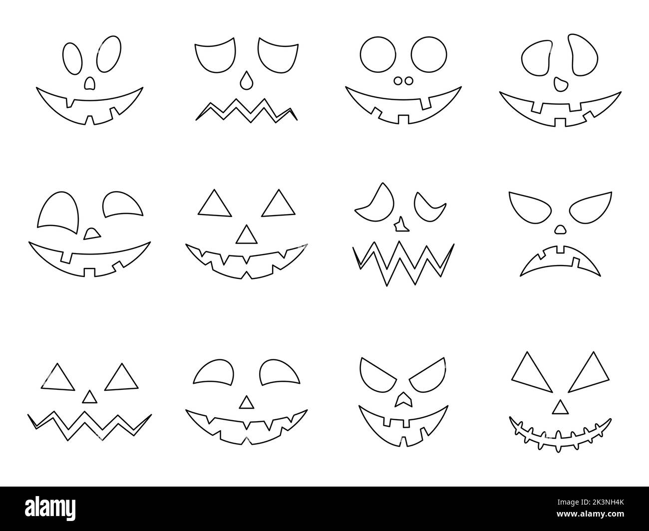 Linee spaventose facce di Halloween zucche set. Collezione horror fantasma linear Face. Vettore isolato su bianco Illustrazione Vettoriale