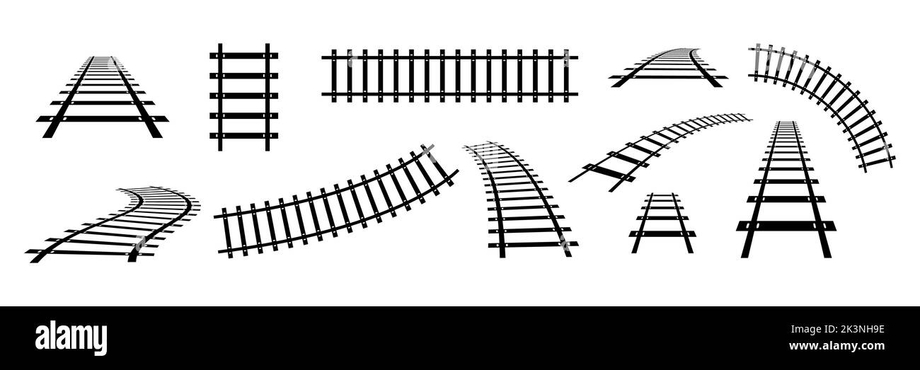 Treno strada ferroviaria set. Raccolta elementi percorso trasporto ferroviario. Vettore isolato su bianco. Illustrazione Vettoriale