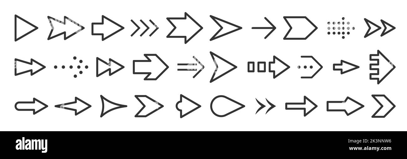 Frecce linea nera icona grande set. Simbolo del puntatore di forma diverso. Freccia download carica carica pagina successiva pulsanti di navigazione web. Segnali di direzione avanti indietro sinistra in alto e in basso a destra. Pittogramma del cursore del mouse Illustrazione Vettoriale