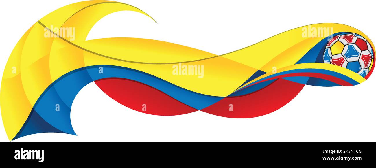 Pallina da calcio gialla blu e rossa che lascia un sentiero ondulato con i colori della bandiera dell'Ecuador su sfondo bianco. Immagine vettoriale Illustrazione Vettoriale