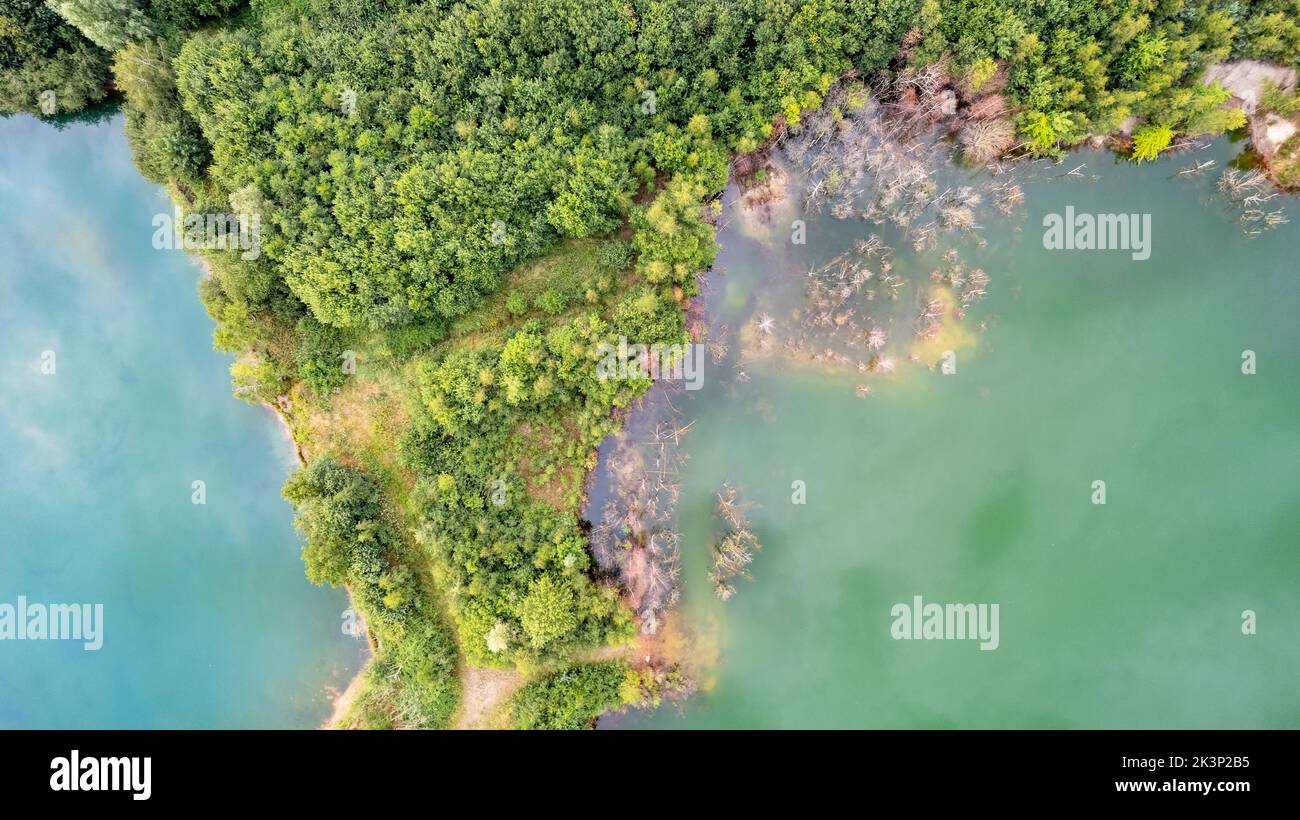 Laghi blu dall'alto. Laghi in verde foresta in sera luce del sole vista aerea drone. Scenico sfondo estivo. Pittoresco lago con foresta. Foto di alta qualità. Foto di alta qualità Foto Stock