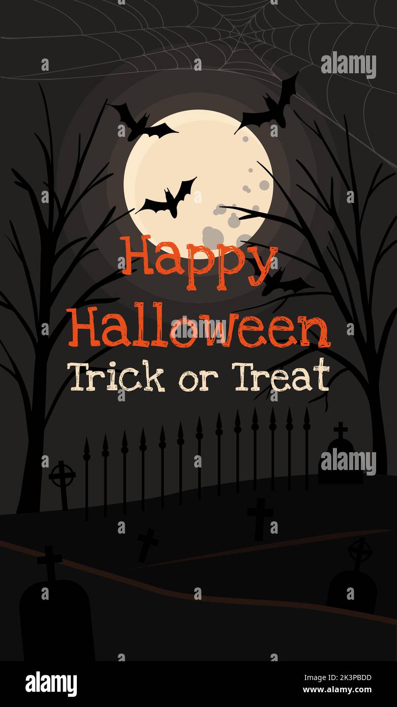 Scritta Happy Halloween e Trick o trattare sullo sfondo di una luna piena e un cimitero con pipistrelli, alberi e tombe Illustrazione Vettoriale