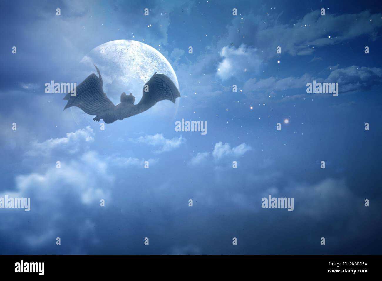 Pipistrelli che volano nel cielo con uno sfondo di scena notturna. Concetto di Halloween Foto Stock