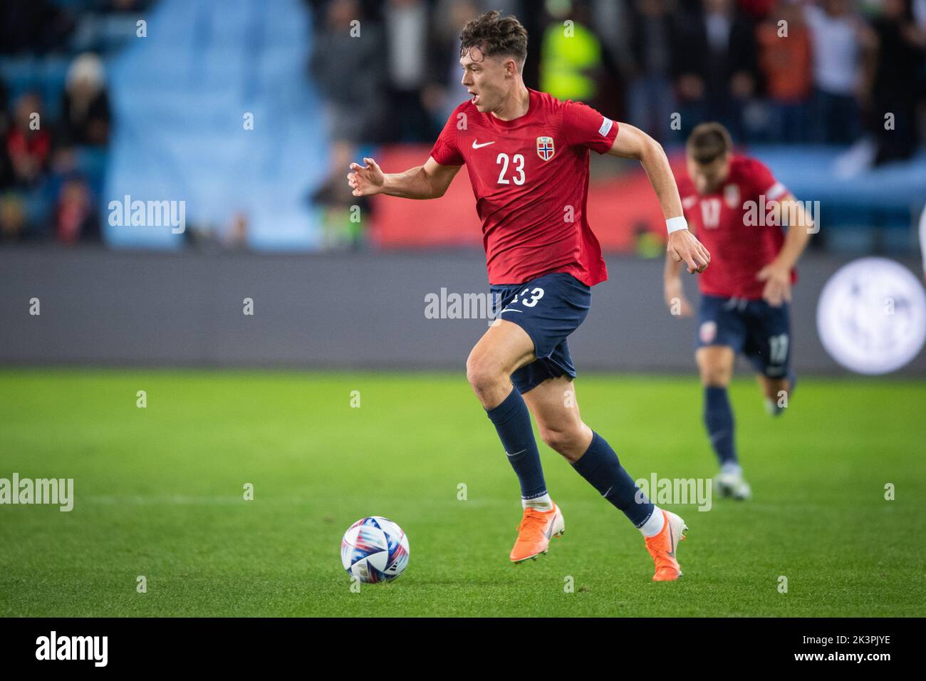 Oslo, Norvegia. 27th Set, 2022. Jorgen Strand Larsen (23) di Norvegia visto durante la partita della UEFA Nations League tra Norvegia e Serbia allo stadio Ullevaal di Oslo. (Photo Credit: Gonzales Photo/Alamy Live News Foto Stock