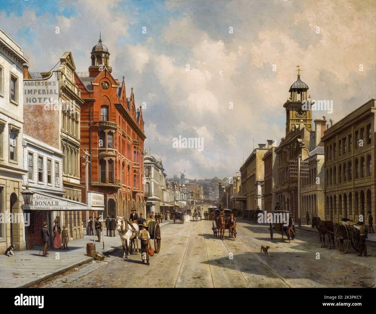 Queen Street, Auckland (Nuova Zelanda), dipinto a olio su tela di Jacques Francois Carabain, 1889 Foto Stock