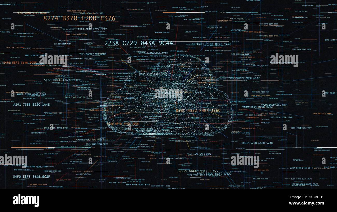 Illustrazione 3D, simbolo della tecnologia cloud nel mondo digitale moderno con codici hash casuali e altro rumore digitale intorno al simbolo cloud, interlacciamento Foto Stock