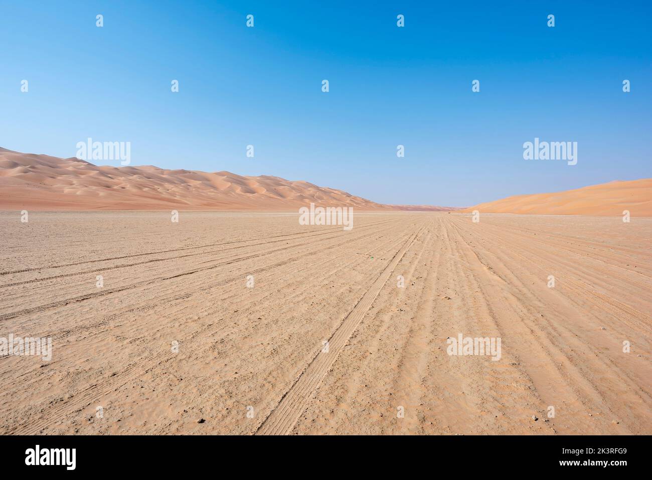 Traccia nel deserto passando attraverso un sabkha con cielo blu e spazio copia. Emirati Arabi Uniti, Medio Oriente Foto Stock