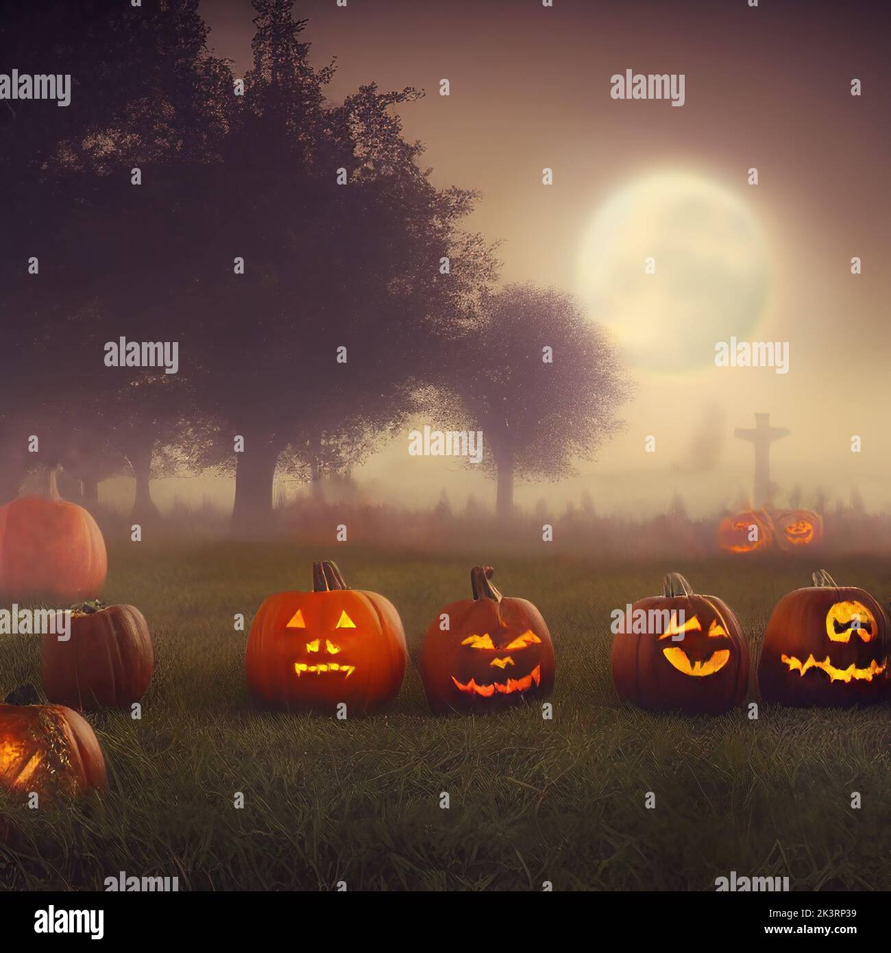 3D resa di pauroso Halloween jack-o-lanterna zucche contro la Luna piena Foto Stock