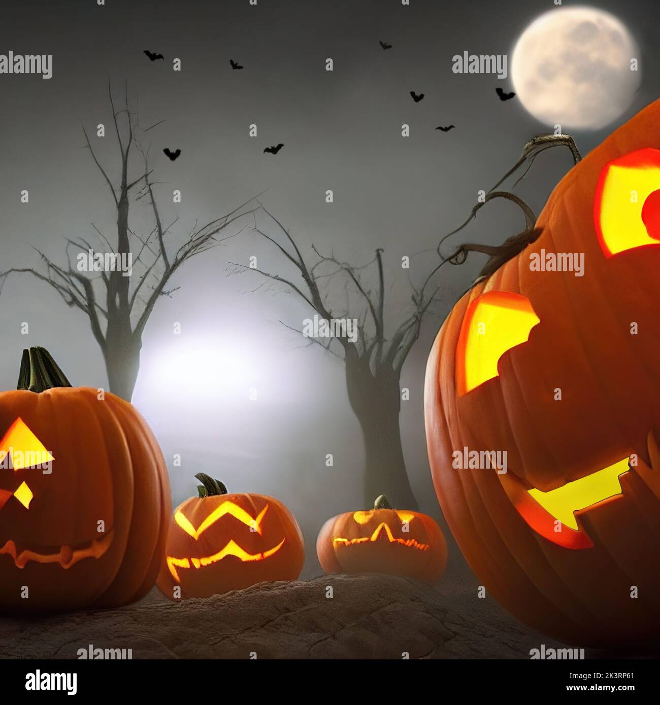 3D rappresentazione di mazzo di zucche di Halloween jack-o-lanterna nel cimitero anteriore contro la Luna piena Foto Stock