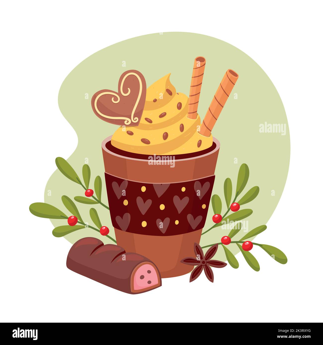 Bevanda dolce e calda con biscotti, cialde, anice stellato e una barretta di cioccolato. Collezione di caramelle natalizie. Illustrazione del vettore isolato. Illustrazione Vettoriale