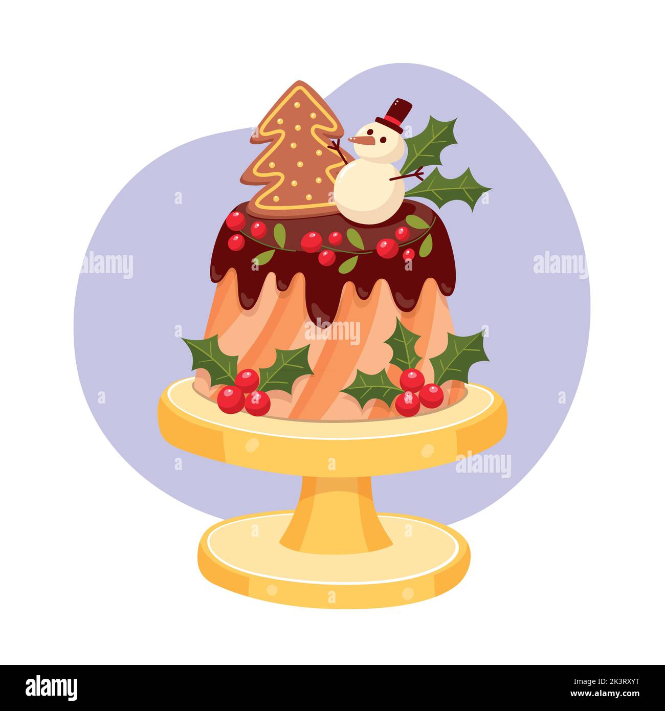 Dolce di Natale decorato con bacche, un albero di pan di zenzero, e un pupazzo di neve in cima. Collezione di caramelle natalizie. Illustrazione vettoriale. Illustrazione Vettoriale