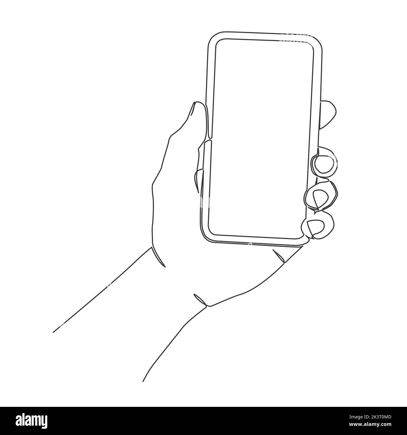 disegno a linea singola dello smartphone che tiene la mano isolato su sfondo bianco, illustrazione vettoriale line art Illustrazione Vettoriale