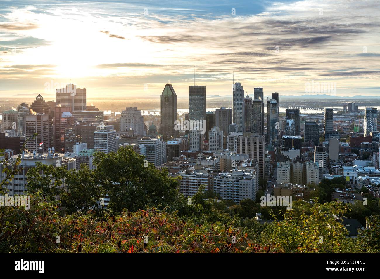 Lo skyline di Montreal la mattina presto dal Mont Royal Park, Canada Foto Stock
