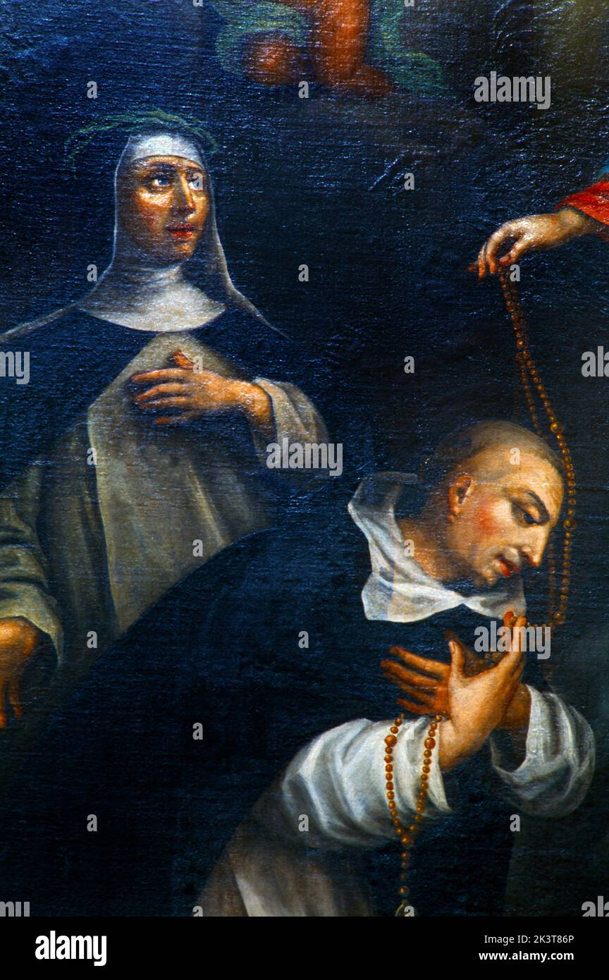 Martigues Provence Francia Vergine Maria e Bambino che dà il Rosario a San Domenico e Santa Caterina da Siena Foto Stock