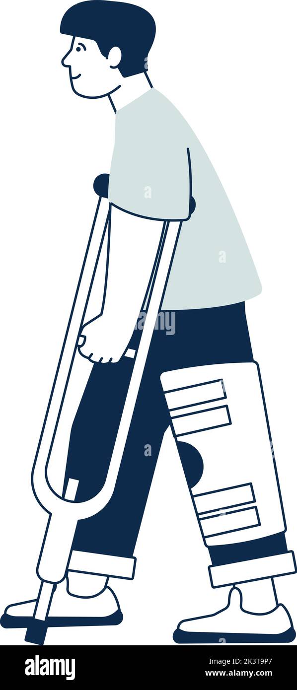 Ferito giovane uomo con crutch. Frattura ossea nel bendaggio Illustrazione Vettoriale