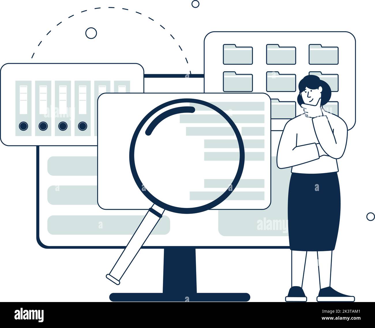 Concetto di ricerca dei dati. Donna in cerca di file sul computer Illustrazione Vettoriale