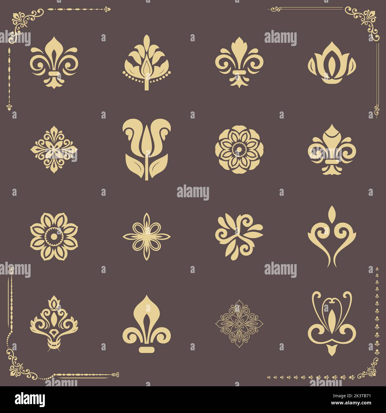 Set vintage di elementi dorati. Diversi elementi per sfondi, cornici e monogrammi. Motivi classici. Set di modelli vintage Foto Stock