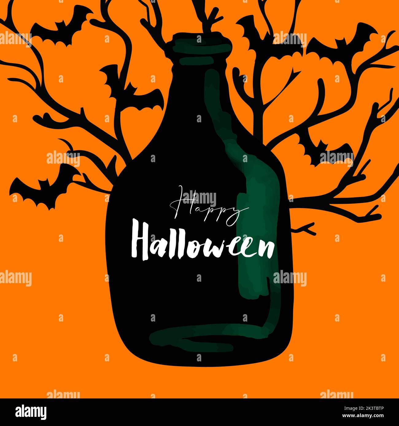 Felice illustrazione di Halloween con vaso magico e pipistrello nero su sfondo arancione Foto Stock