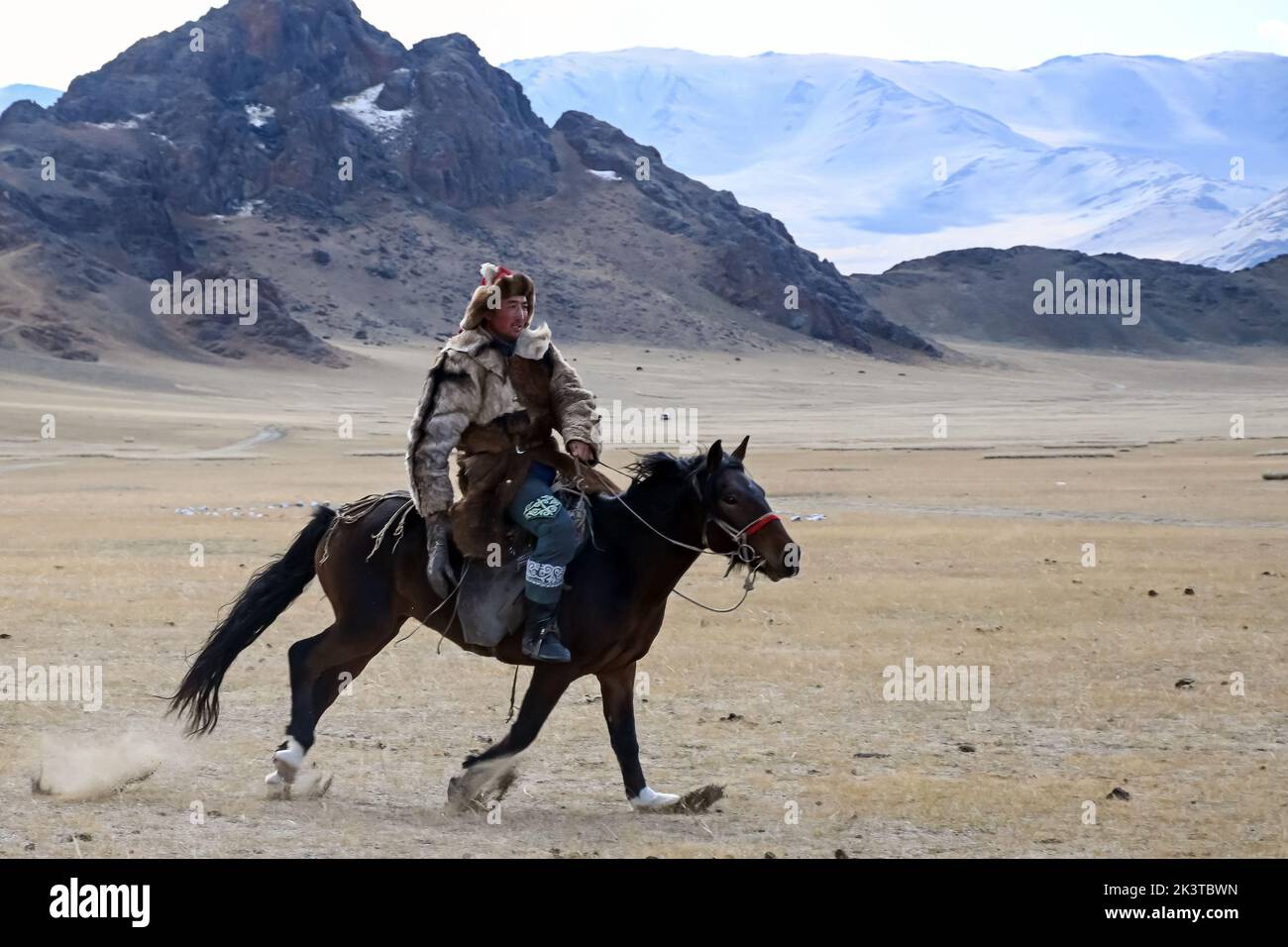 I cacciatori di aquile mongoli, nelle colline rocciose della regione dell'Altai in Mongolia, vivono un gruppo di cacciatori con una competenza estremamente rara: La caccia al golde Foto Stock