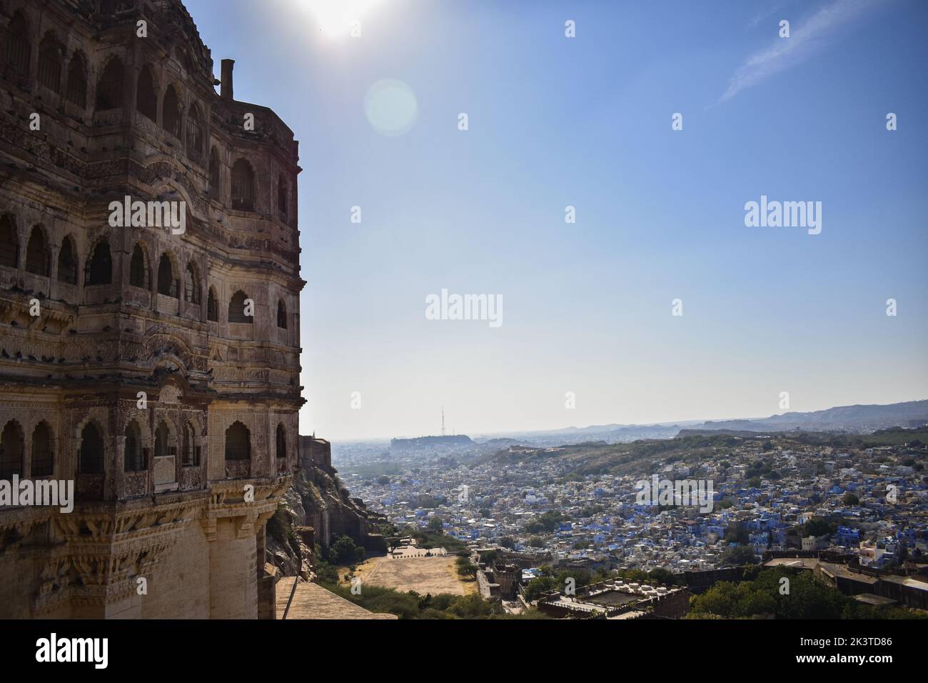 Jodhpur vista della città dalla cima di Mehrangarh Fort, Rajasthan Foto Stock