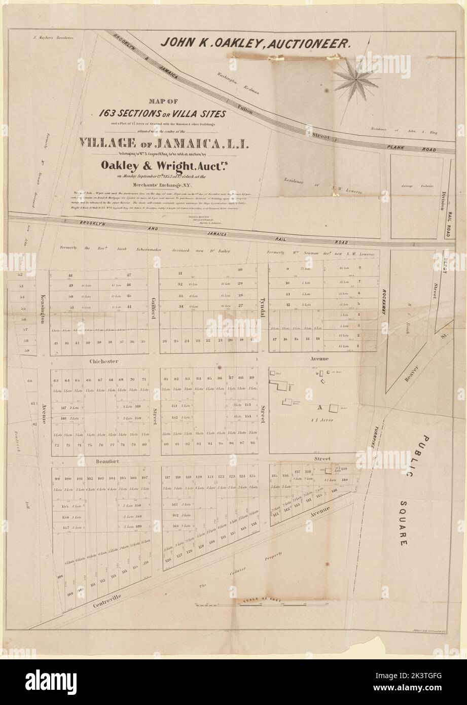 Mappa di 163 sezioni o siti di villa e un terreno di 4 1/3 ettari con il palazzo e altri edifici situato vicino al centro del villaggio di Giamaica, L.i: Appartenente a Wm. J. Cogswell, esq., da vendere all'asta da Oakley & Wright, auctrs., lunedì 12th settembre 1853, Alle 12 presso il Merchants' Exchange, N.Y Cartographic. Mappe, mappe catastali. 1853. Lionel Pincus e la Principessa Firyal Map Division. Cogswell, William J., 1799-1885 , Case e ritrovi, Proprietà reale , New York (stato) , New York (N.Y.), aste di beni immobili , New York (stato) , New York (N.Y.), proprietari terrieri , New York Foto Stock