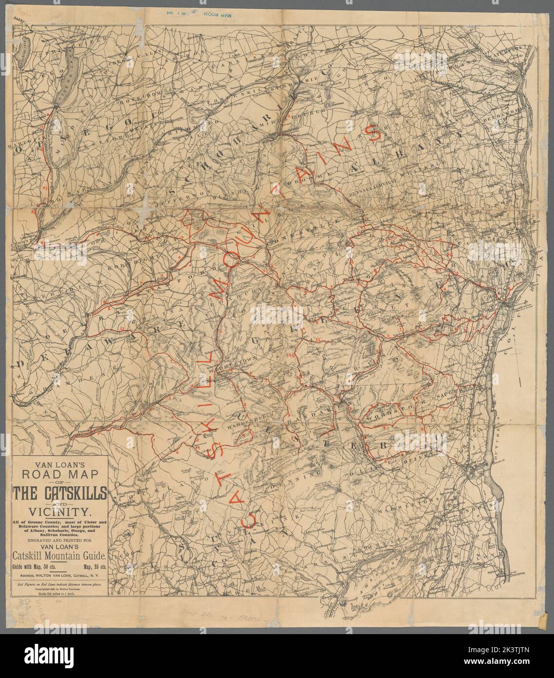 Van Loan Road map delle Catskills e delle vicinanze: Tutte le contee di Greene County, la maggior parte delle contee di Ulster e Delaware, e grandi porzioni delle contee di Albany, Schoharie, Otsego e Sullivan Road map delle Catskills e delle contee Cartographic. Mappe, mappe stradali. 1892. Lionel Pincus e la Principessa Firyal Map Division. Roads , New York (state) , Catskill Mountains (N.Y.), Catskill Mountains (N.Y.), Greene County (N.Y.), New York (state) , Catskill Mountains (N.Y.) Foto Stock