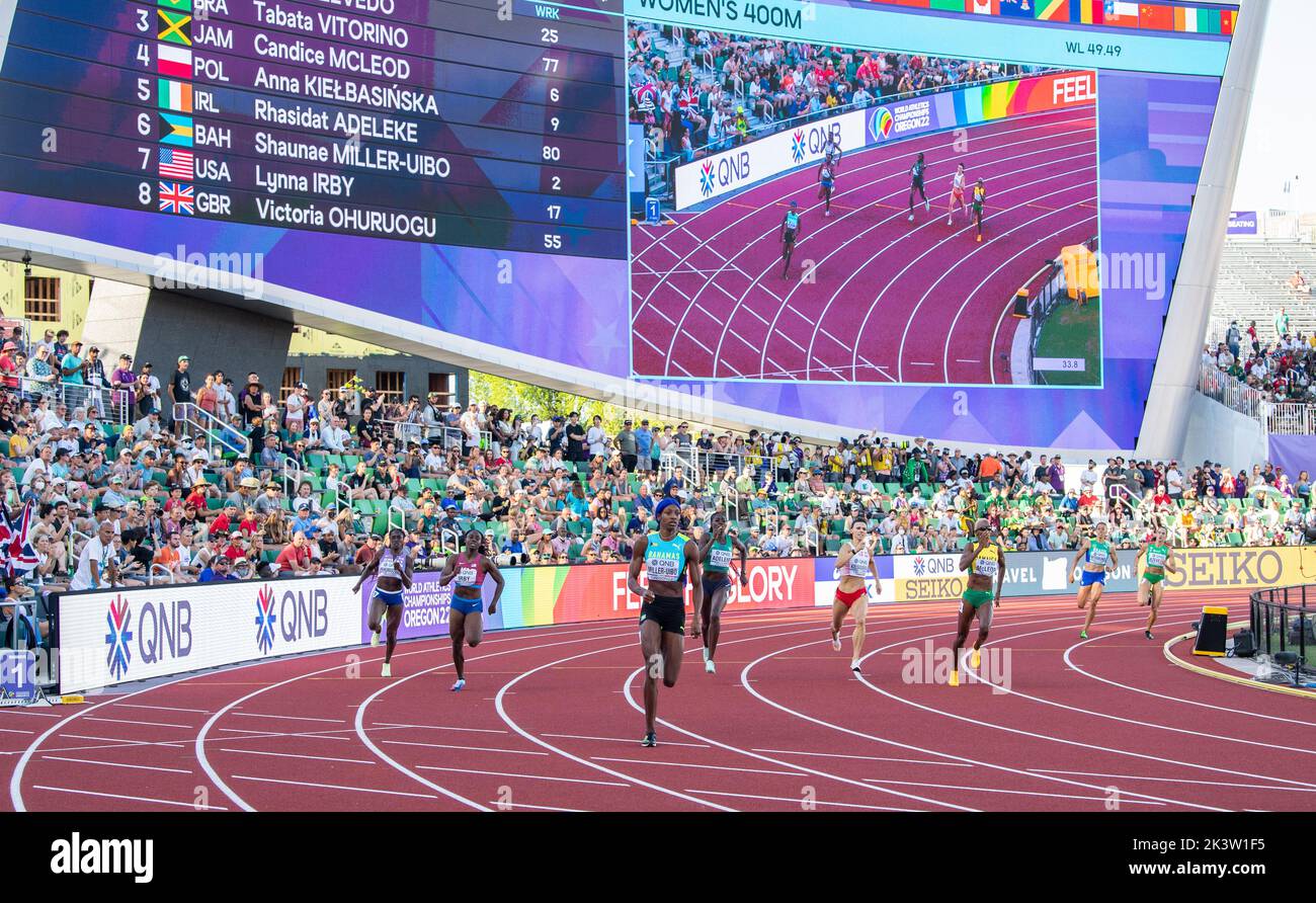 Shaunae Miller-Uibo delle Bahamas in gara nelle 400m semifinali femminili al World Athletics Championships, Hayward Field, Eugene, Oregon USA o Foto Stock