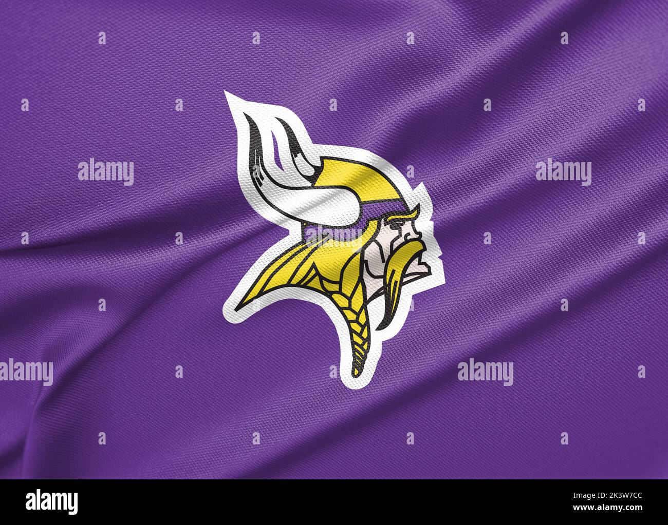 Bandiera Minnesota Vikings, bandiera della squadra di football americano Minnesota Vikings, bandiera tessuto Minnesota Vikings, 3D lavoro e 3D immagine. Yerevan, Armenia - 2022 Foto Stock