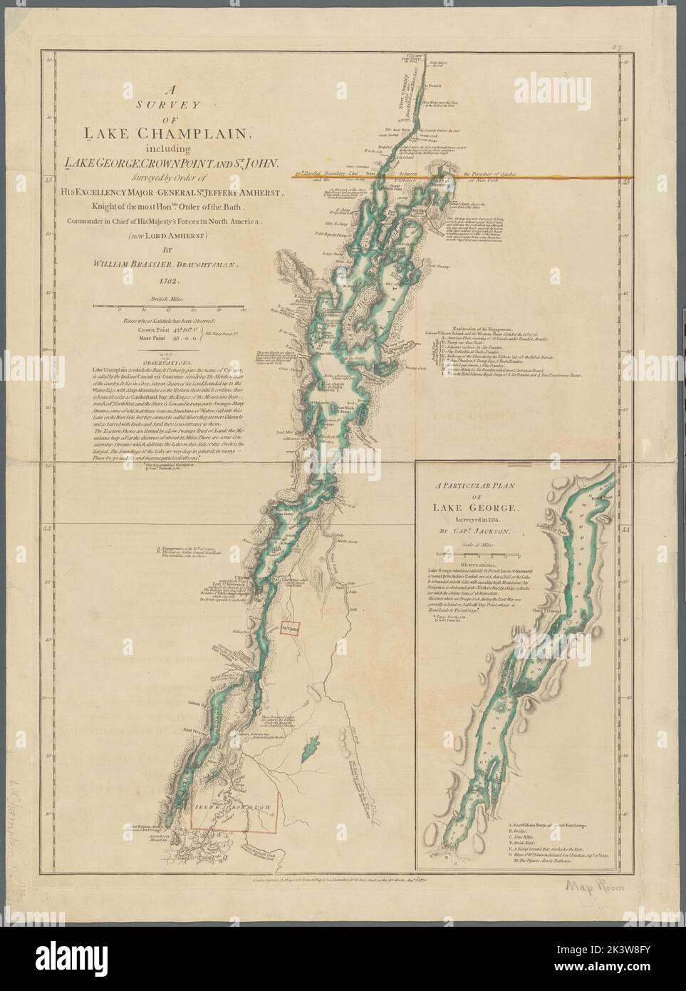 Un'indagine sul lago Champlain: Tra cui il lago George, Crown Point, e San Giovanni Brasier, William (artista britannico, attivo 18th ° secolo). Cartografica. Mappe. 1776-08-05. Lionel Pincus e la Principessa Firyal Map Division. Isola di Valcour, Battaglia di, N.Y., 1776 , Mappe, Champlain, Lago , Mappe, Champlain, Lago , Storia , Mappe, George, Lago (N.Y. : Lago) , Mappe Foto Stock