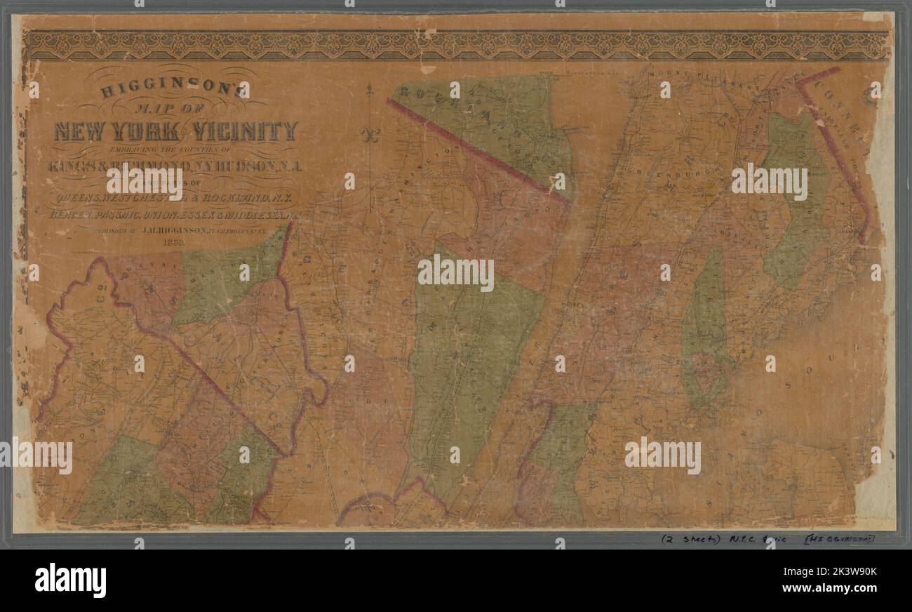 Mappa di Higginson di New York e dintorni: Abbracciando le contee di Kings & Richmond, N.Y., Hudson, N.J. e parti di Queens, Westchester & Rockland, N.Y., Bergen, Passaic, Union, Essex & Middlesex, N.J. D. & J. McLellan (azienda). Cartografica. Mappe, mappe catastali. 1860. Lionel Pincus e la Principessa Firyal Map Division. New York Metropolitan Area, Railroads , New York (state) , New York, Ferries , New York (state) , New York, Railroads , New York Metropolitan Area, Real Property , New York Metropolitan Area, Landowners , New York Metropolitan Area, New York (N.Y.) Foto Stock