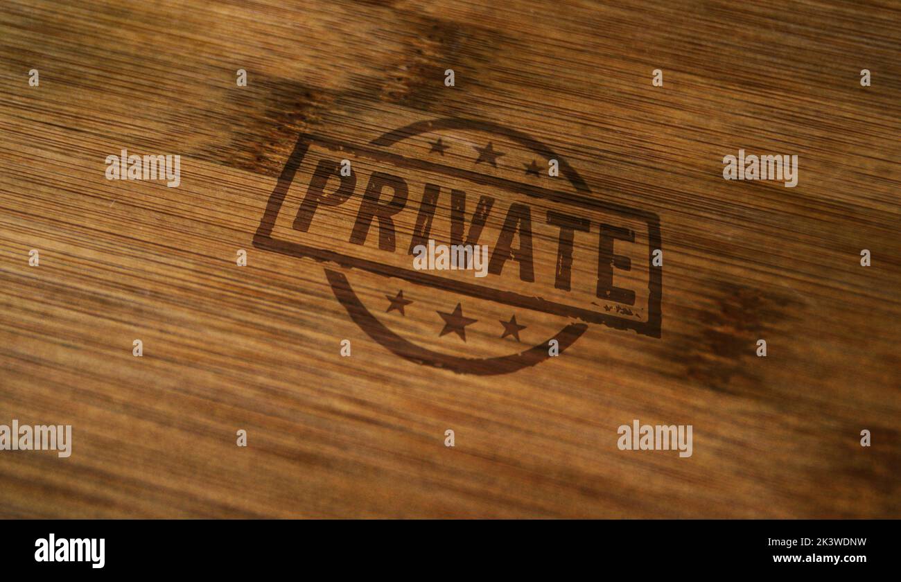 Timbro privato stampato su scatola di legno. Privacy, concetto segreto e confidenziale. Foto Stock