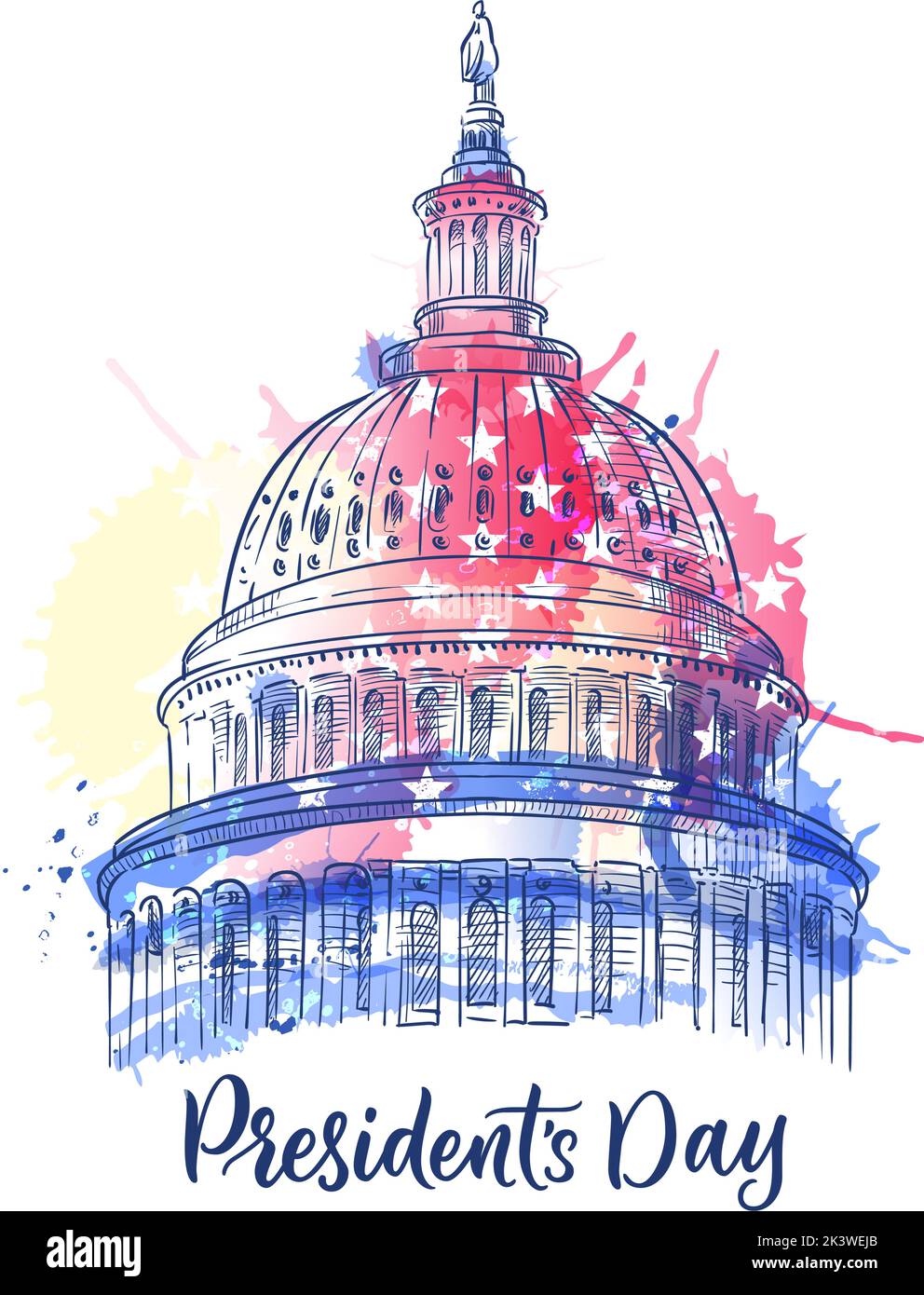 Buon giorno dei presidenti stampa di festa, poster o disegno del banner con calligrafia disegnata a mano lettering. Washington state Capitol su acquerello USA bandiera bac Illustrazione Vettoriale