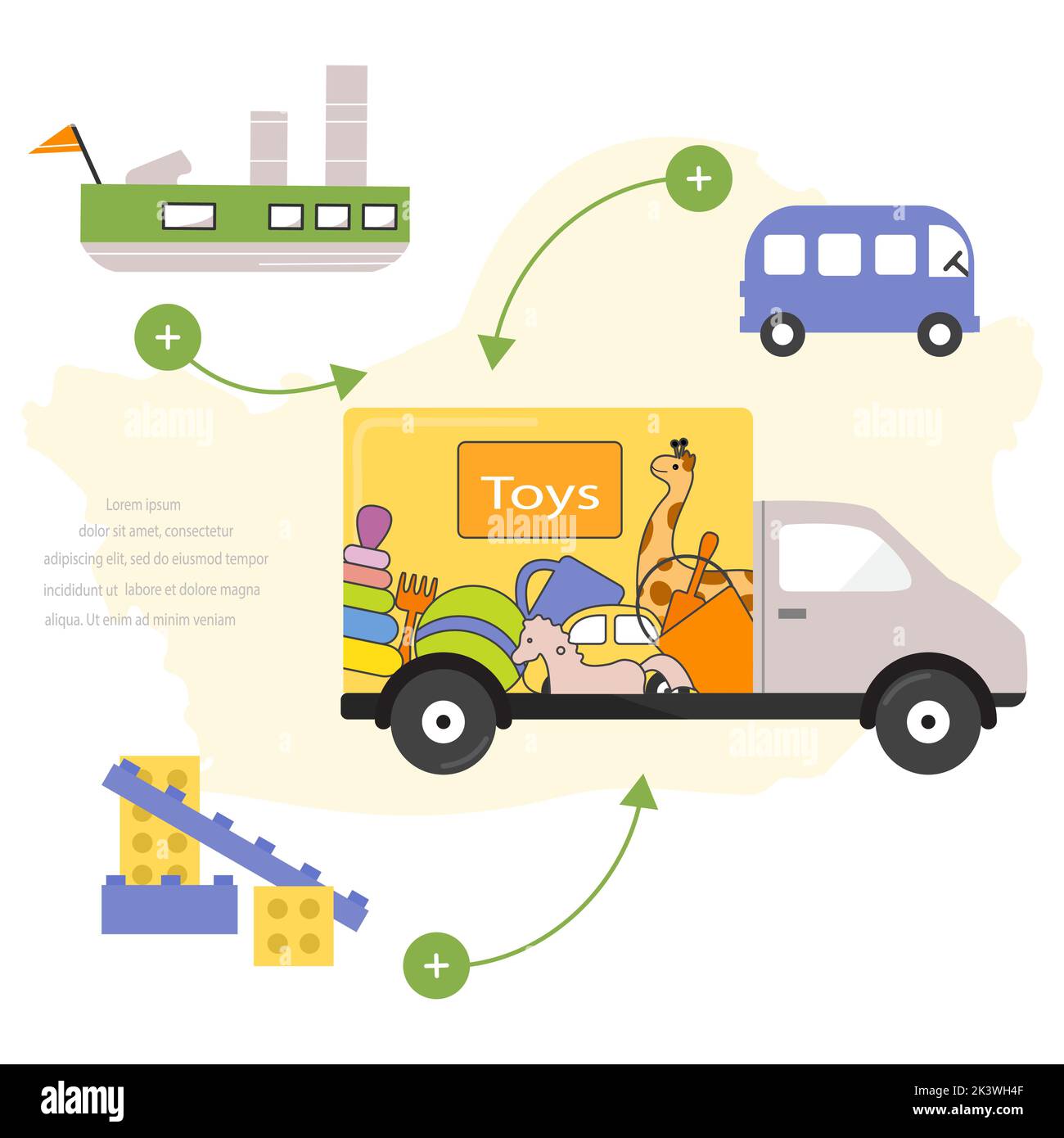 Ordine di illustrazione vettoriale i giocattoli del capretto. Consegna rapida in auto dal negozio. Shopping online. Ordinazione di articoli su Internet. Acquista online da casa. Felice Illustrazione Vettoriale