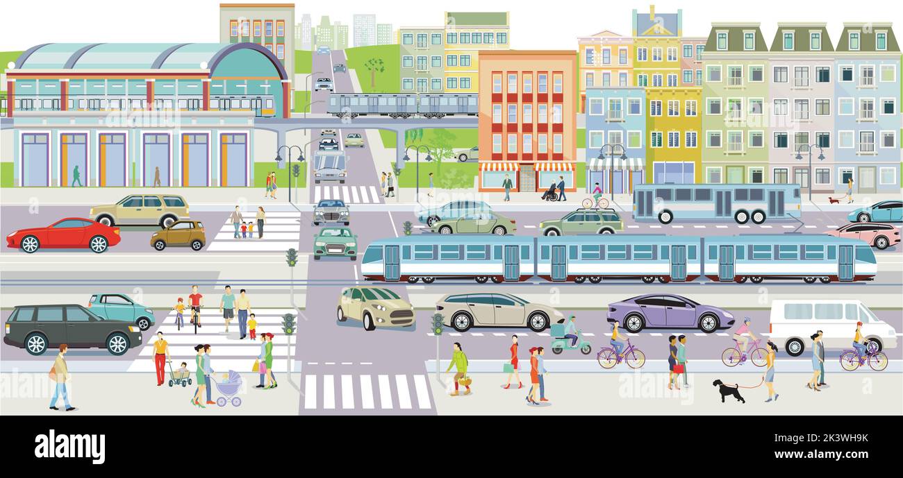 Silhouette della città con mezzi pubblici e pedoni nel quartiere residenziale, illustrazione Illustrazione Vettoriale
