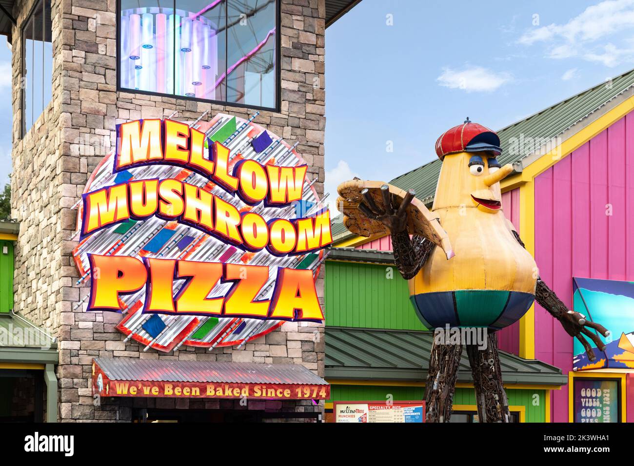 Mellow Mushroom Pizza all'isola di Pigeon Forge. Il ristorante e' una catena con oltre 200 negozi. Foto Stock