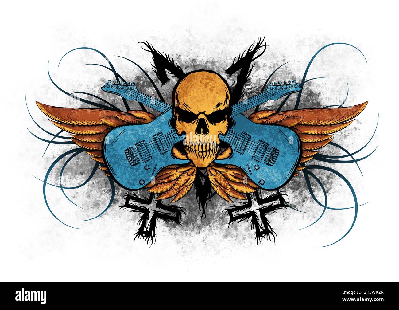 Cranio in metallo rock con chitarre elettriche e ali. Simbolo dell'arte musicale. Foto Stock