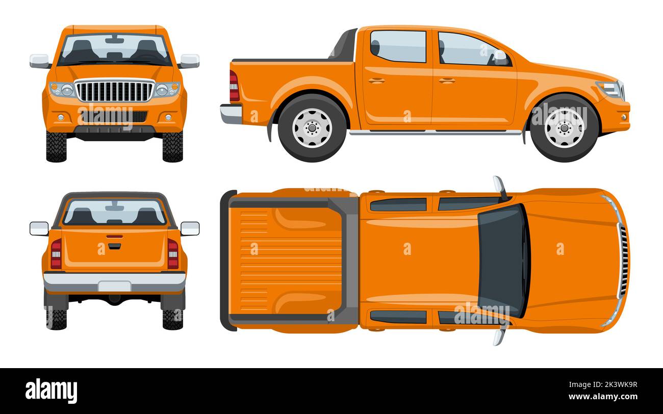 Modello vettoriale del pick-up colori semplici senza gradienti ed effetti. Vista laterale, anteriore, posteriore e superiore Illustrazione Vettoriale