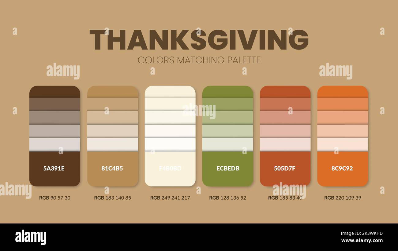 Combinazione di colori per il ringraziamento. Guida alle combinazioni di trend a colori e alla tavolozza. Esempio di sfumature di colore della tabella in RGB e ESADECIMALE. Campione di colore per la moda, la casa, Illustrazione Vettoriale