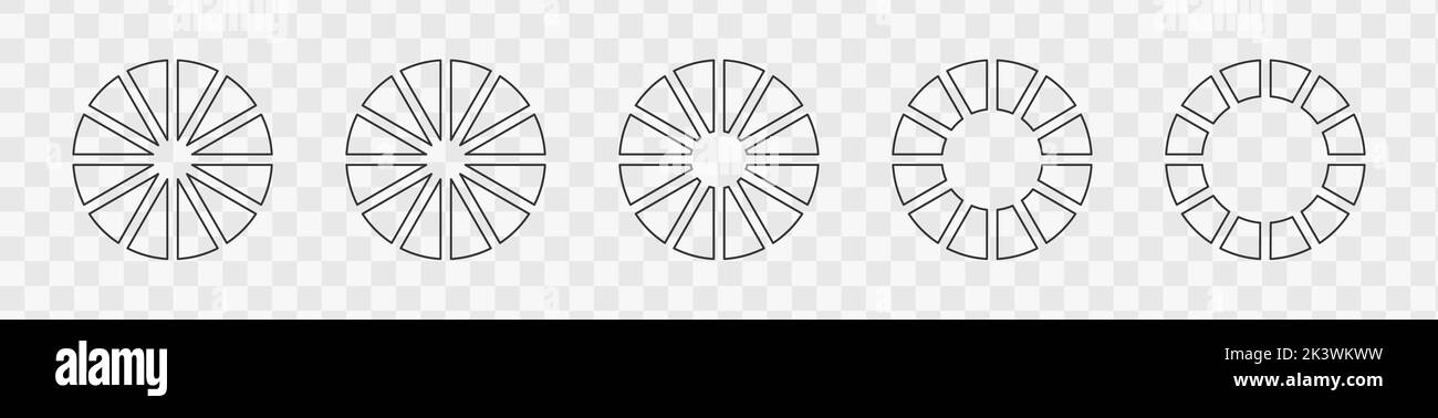 Delineare i grafici a ciambella o le torte segmentate su 12 parti uguali. Set di ruote infografiche divise in dodici sezioni. Diagrammi circolari o barre di caricamento su sfondo trasparente. Illustrazione grafica vettoriale Illustrazione Vettoriale