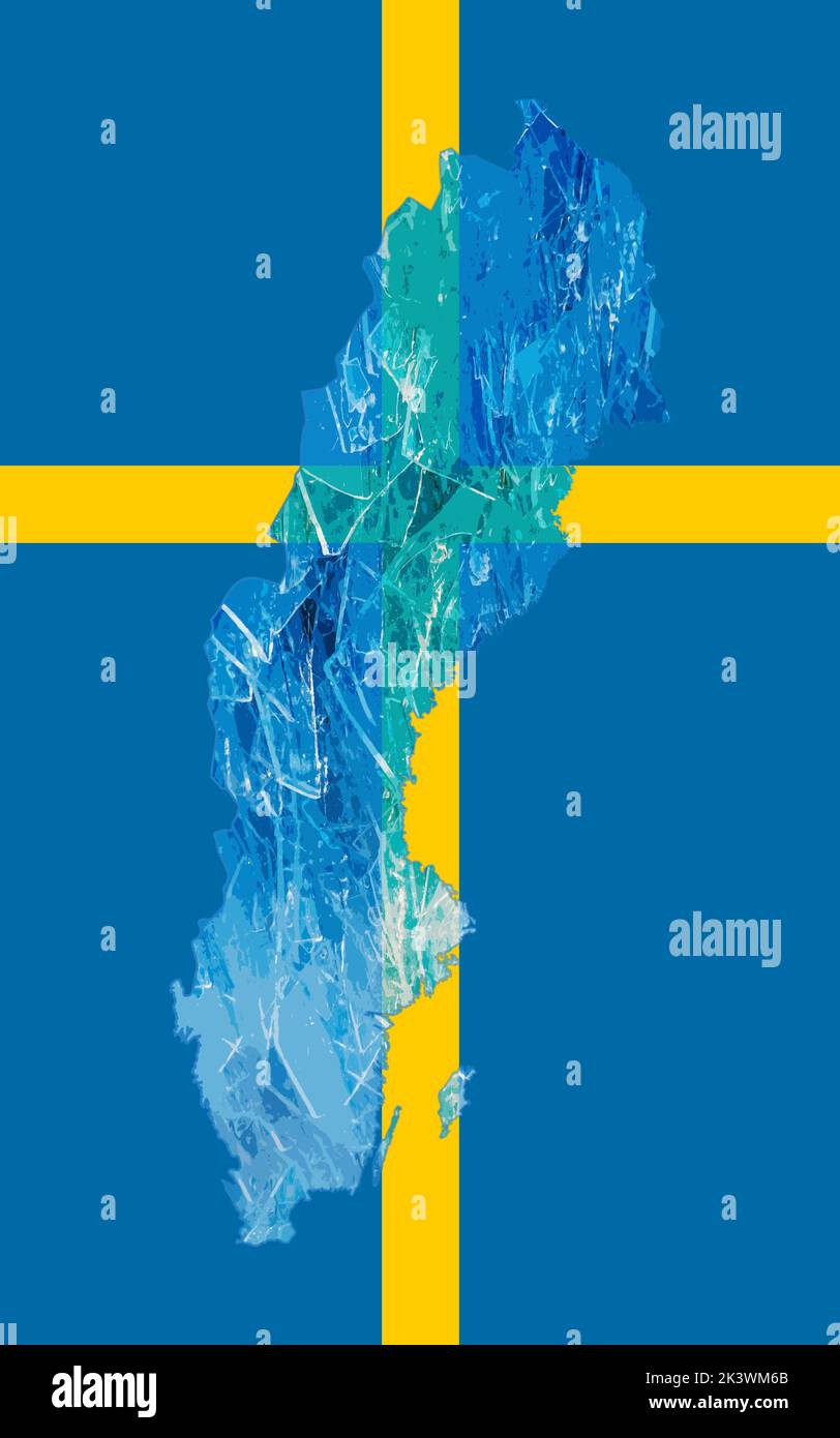 Mappa generale della Svezia con l'immagine della bandiera nazionale. Ghiaccio all'interno della mappa. Collage. Crisi energetica. Foto Stock